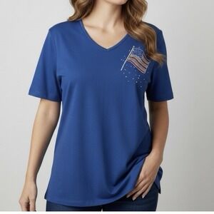 Quacker Factory Blue American Flag Rhinestone Short Sleeve Top Size 1X
